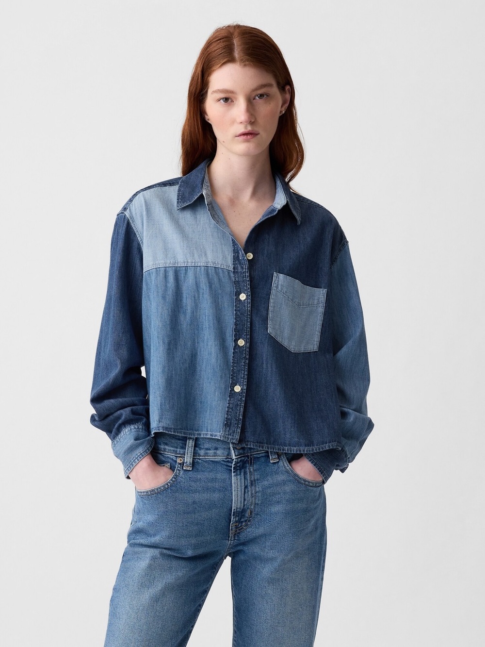 GAP Cropped Patchwork Denim Shirt Size Large